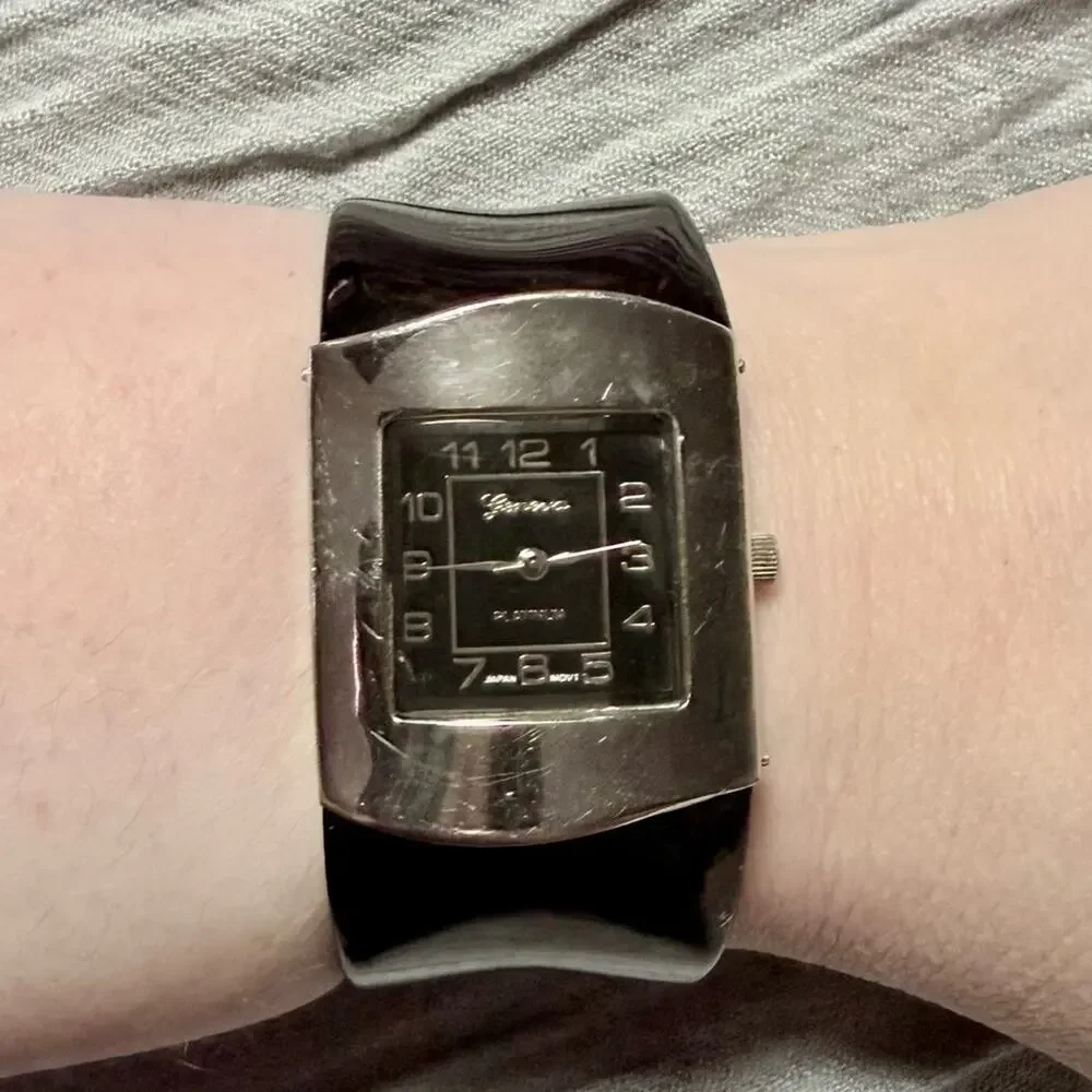 Geneva Platinum Black Cuff Watch + Handmade Beaded Bracelet Set